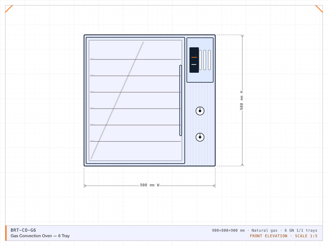Six-tray GN 1/1 gas convection oven with humidity injection and a double-glazed door.