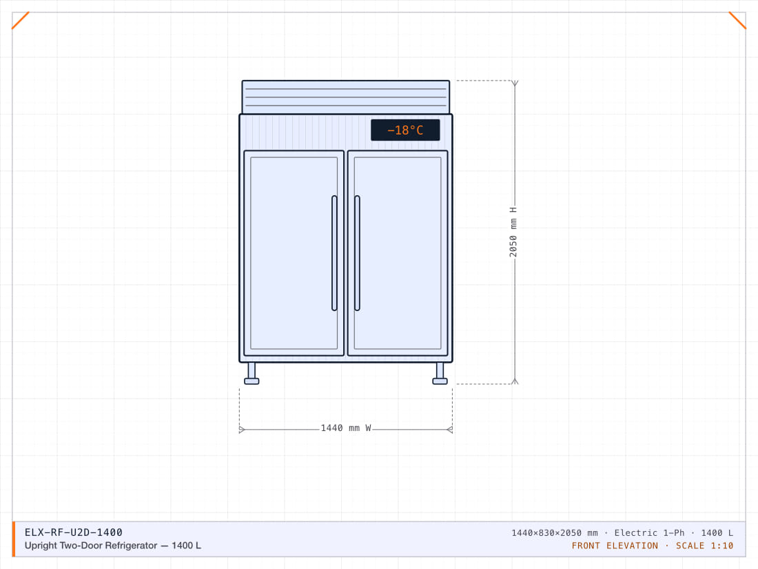 Full AISI 304 two-door upright holding +2°C to +8°C at 43°C ambient, sized for Middle East installations.