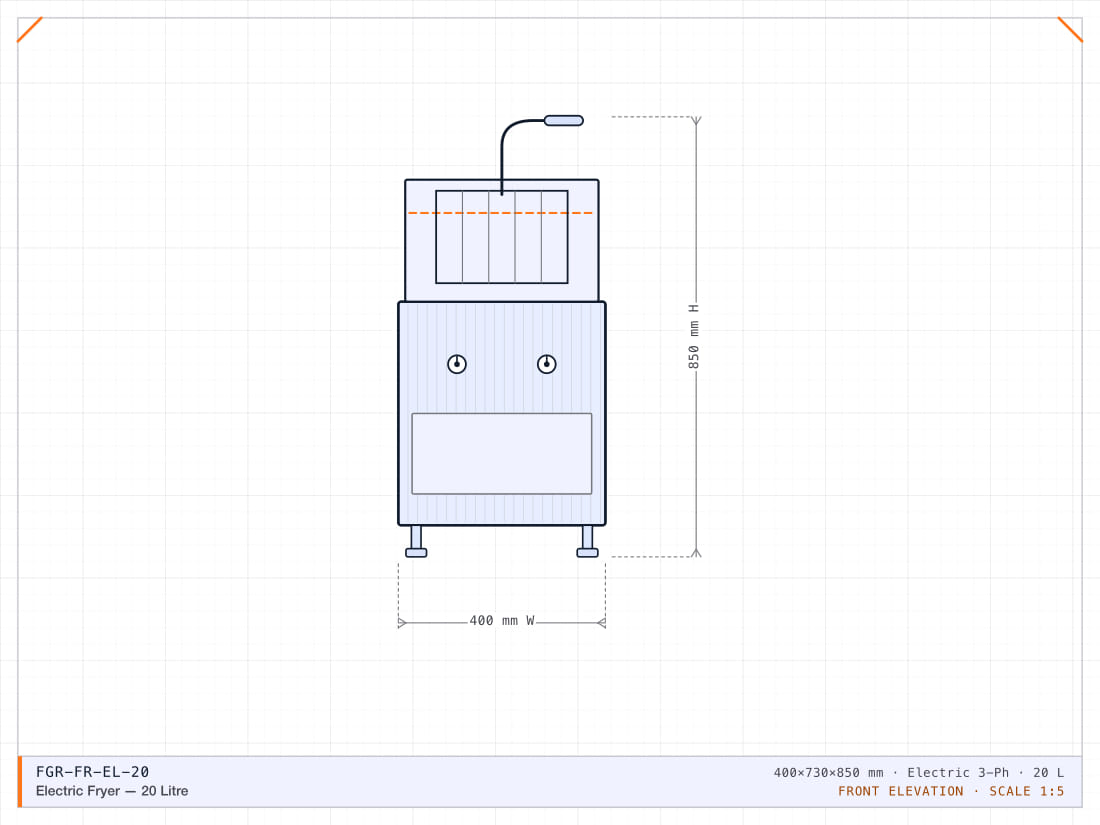 Single 20-litre tank electric fryer with a cold zone and swing-up element.