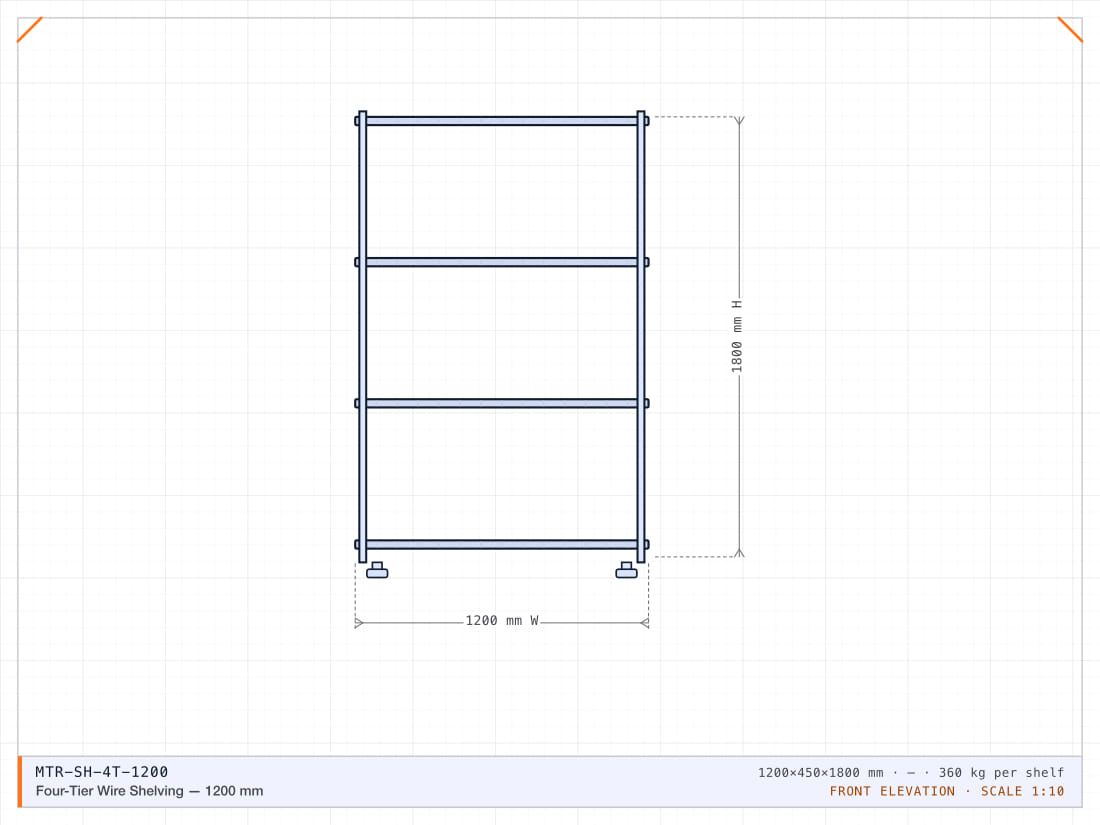 NSF-certified chrome wire shelving, four tiers, 360 kg per shelf.