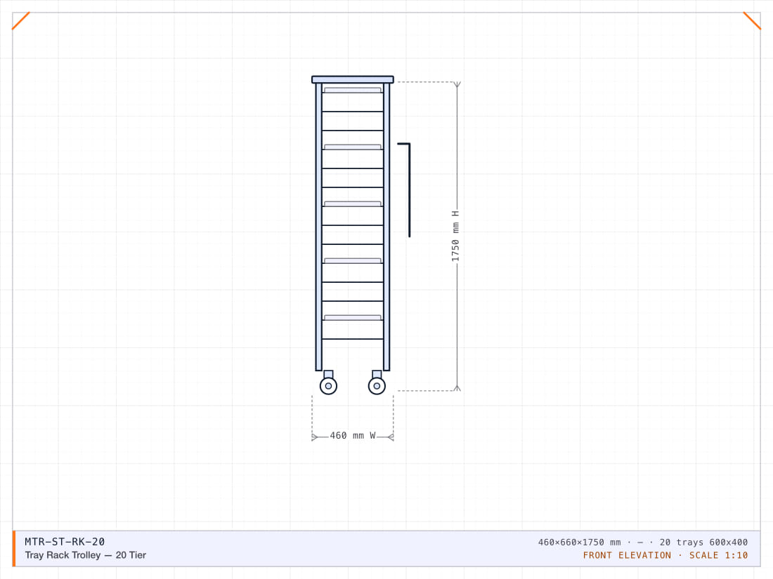 Twenty-tier anodised aluminium tray trolley for 600 x 400 mm trays.