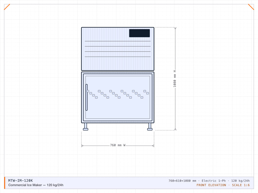 Modular cube ice machine producing 120 kg per 24 hours, rated for high-ambient installation.
