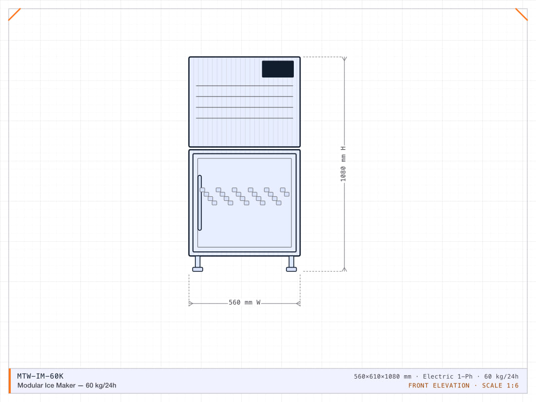 Modular cube ice head producing 60 kg per 24 hours, for a bar or a mid-size kitchen.
