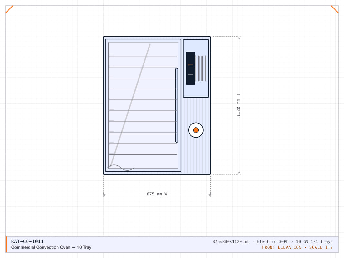 Ten-tray GN 1/1 convection and steam oven with automated cooking programmes and closed-loop humidity control.
