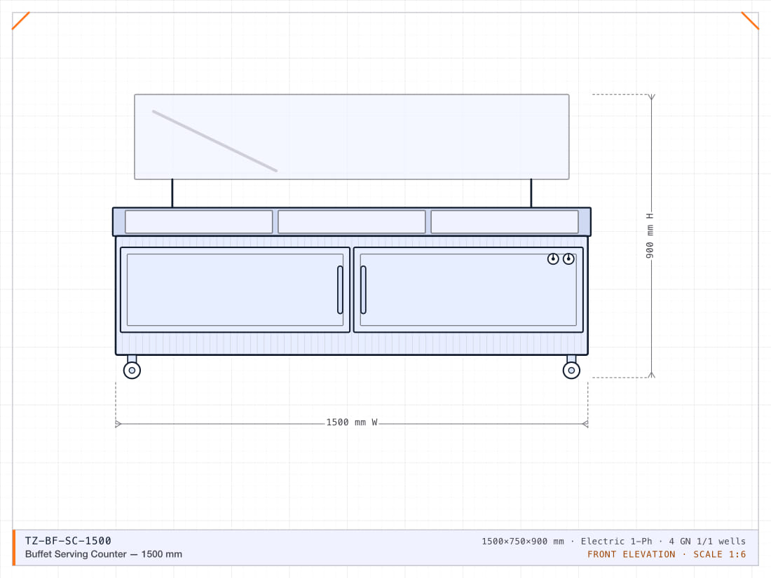 1500 mm heated serving counter with four GN 1/1 wells and a glass sneeze guard.