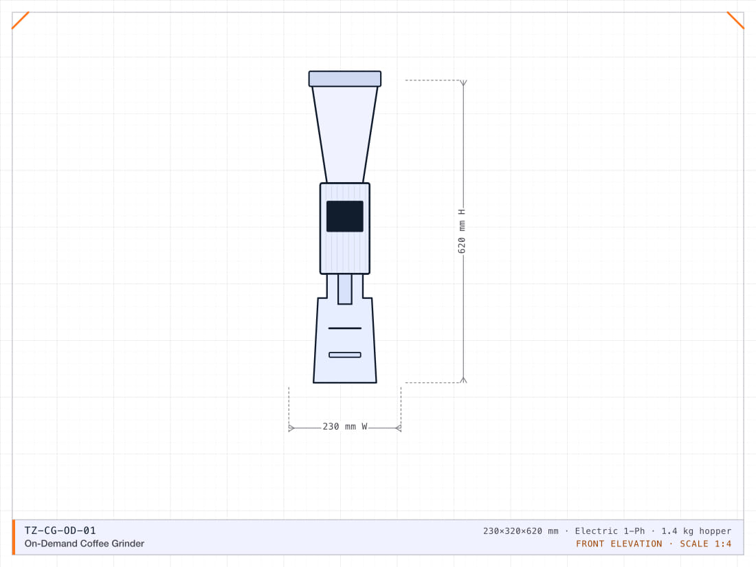 On-demand espresso grinder with 64 mm flat burrs and a 1.4 kg hopper.