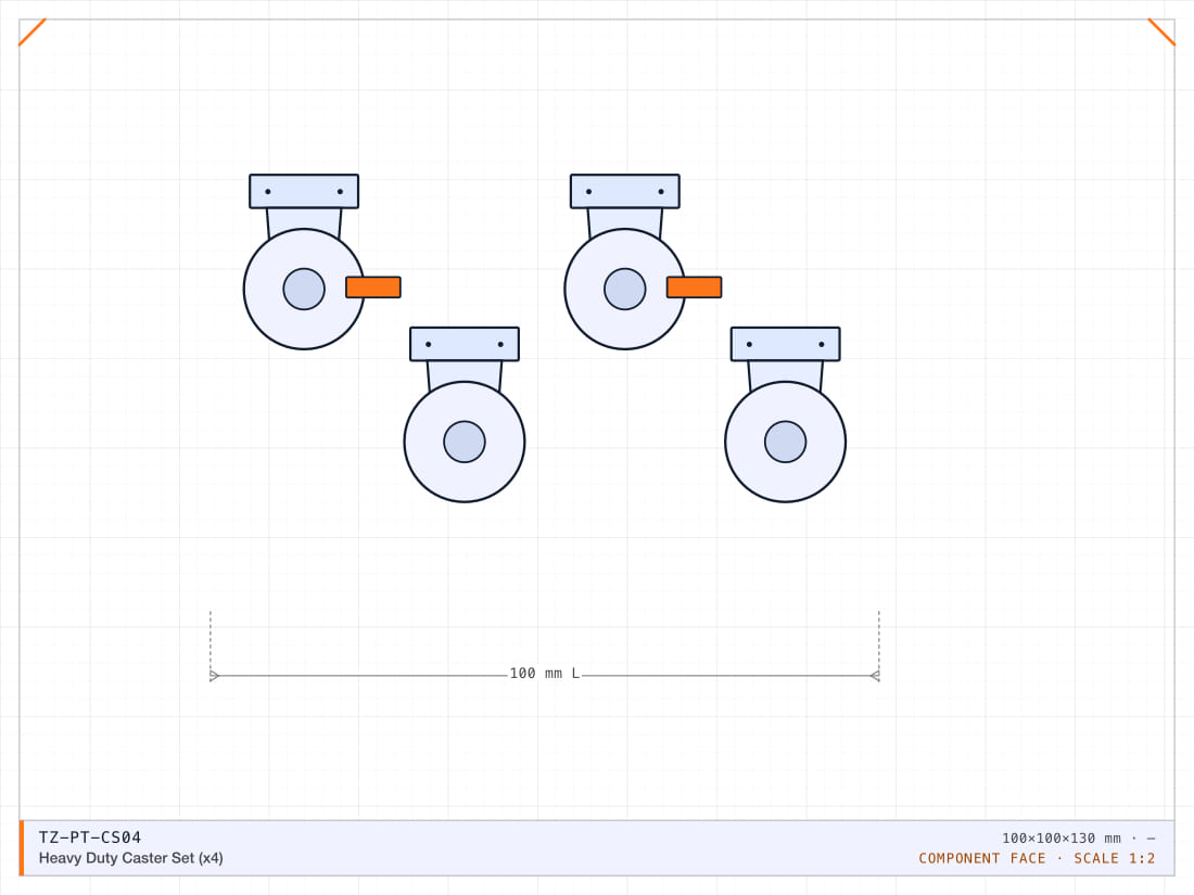Set of four 125 mm swivel casters, two with brakes, rated 120 kg each.