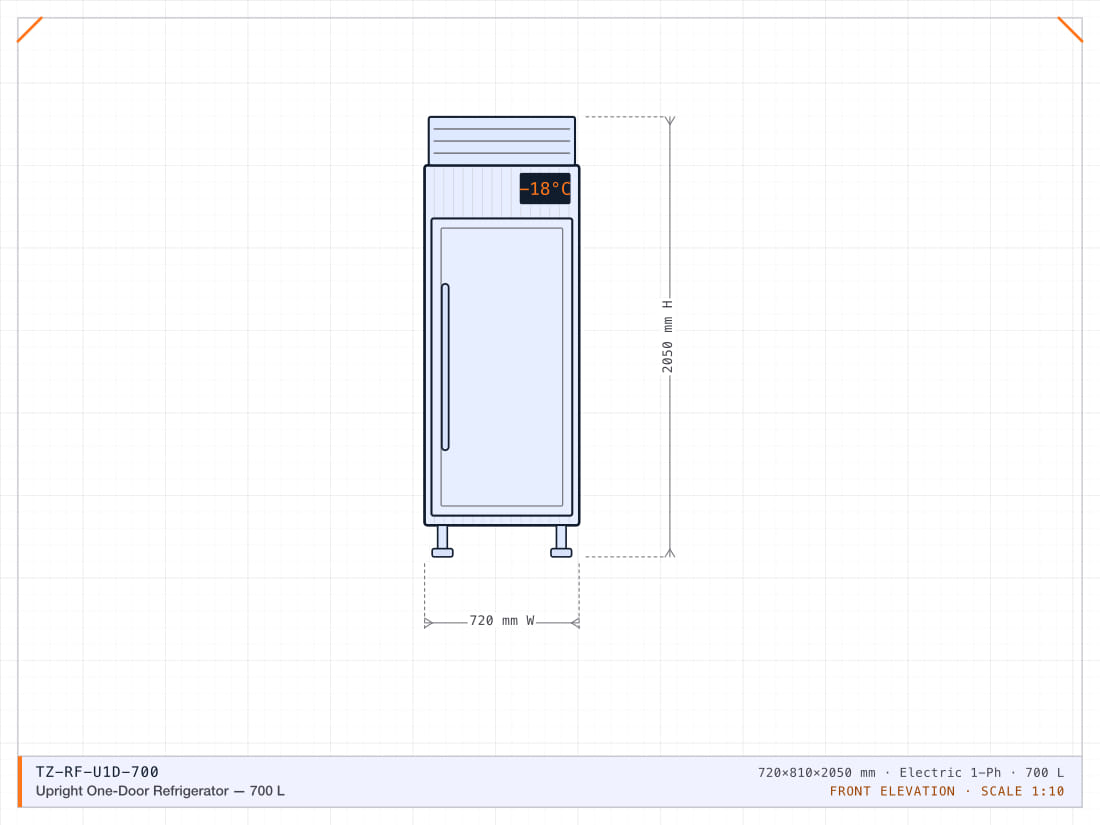 Single-door 700-litre upright holding +2°C to +8°C, AISI 304 inside and out.