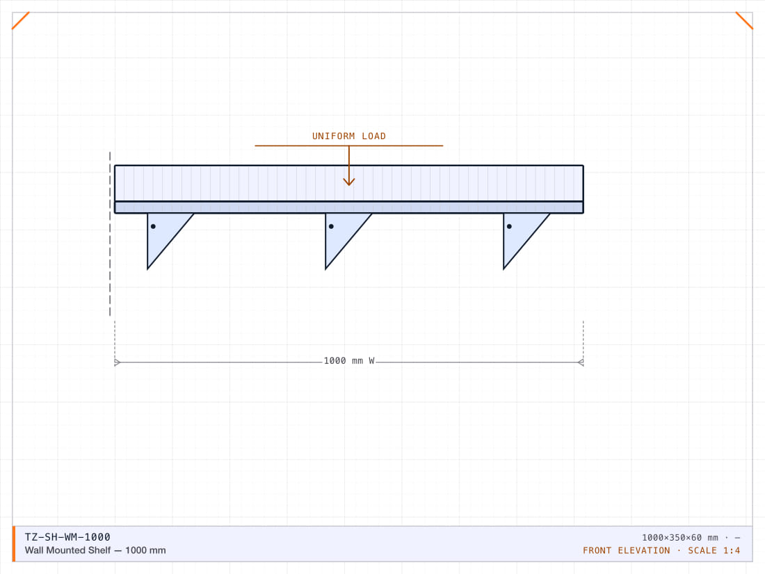 1000 x 350 mm wall shelf in 304 stainless with welded brackets.