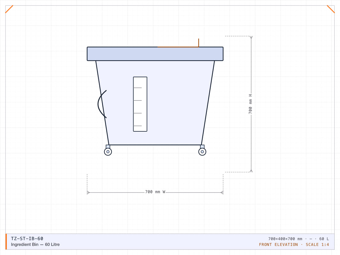 60-litre food-grade ingredient bin on castors with a sliding lid and scoop.