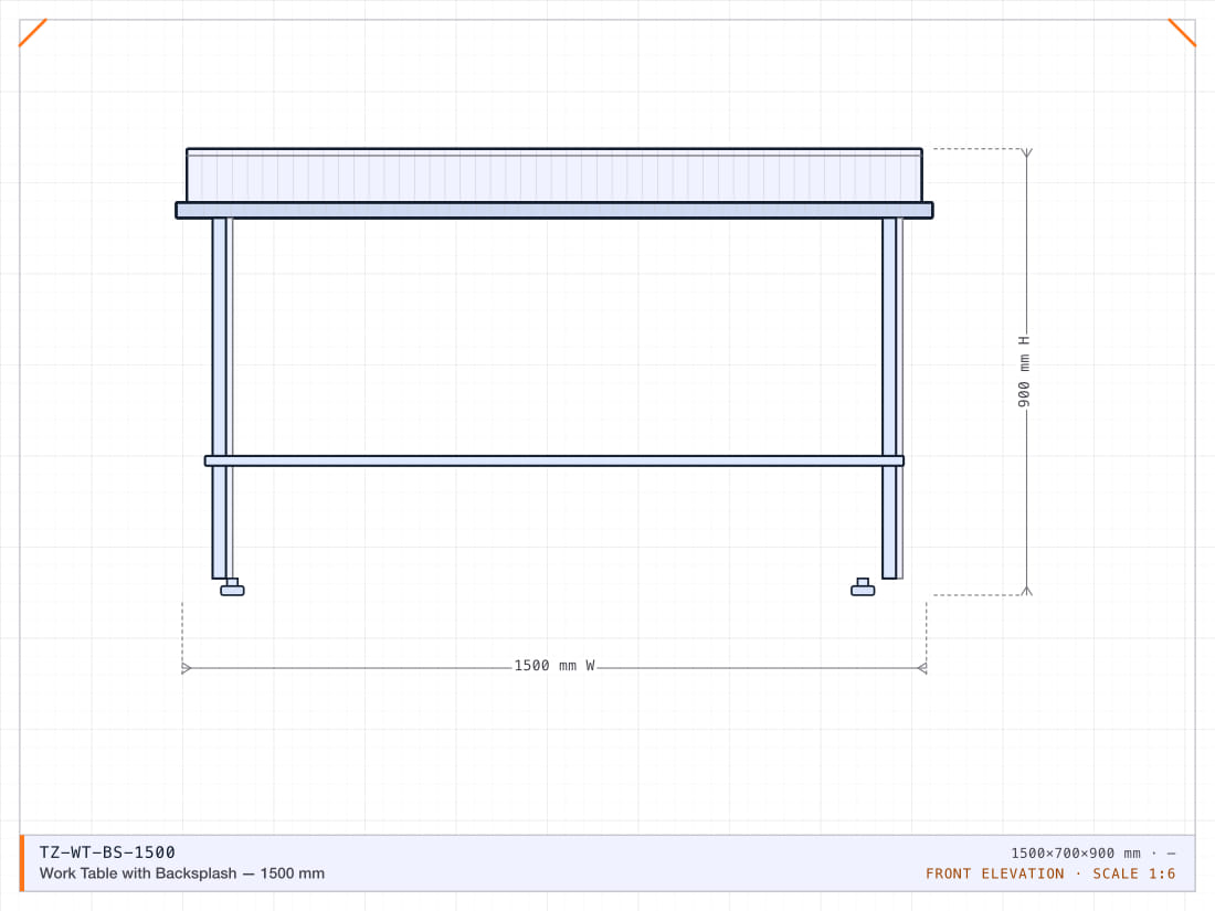1500 x 700 mm prep table with a 100 mm rear upstand, for wall installation.