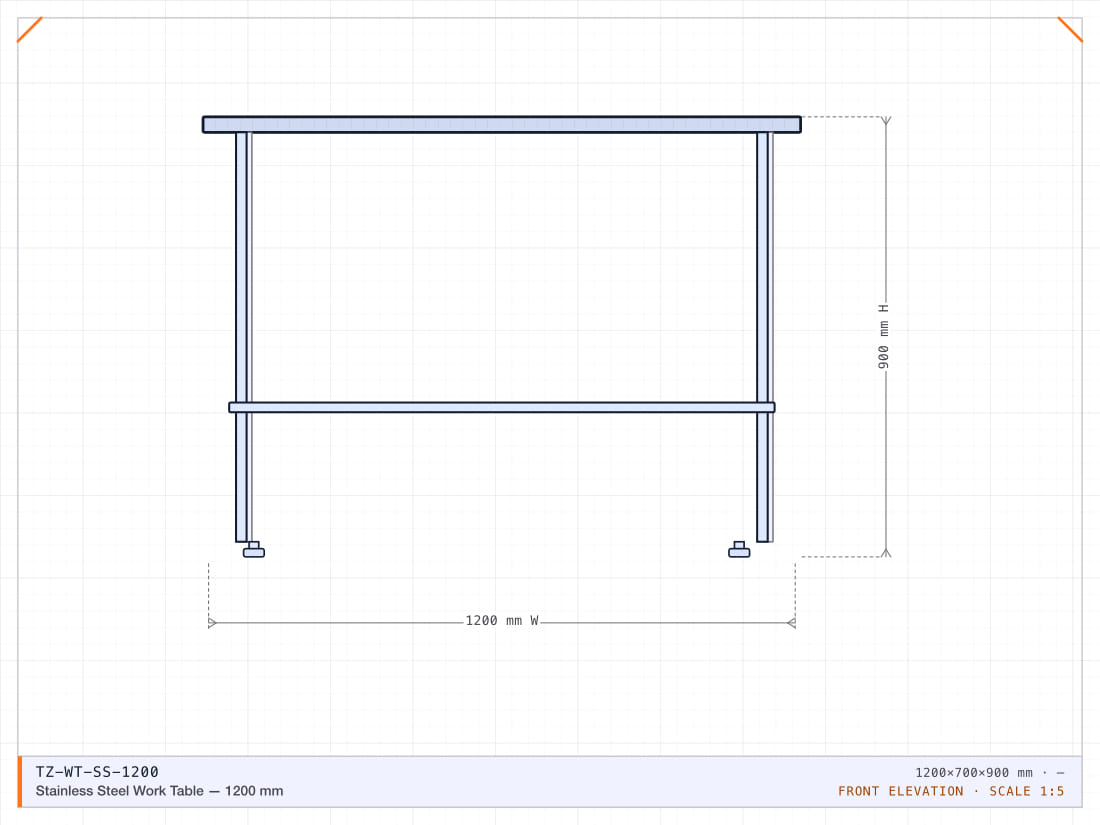 1200 x 700 mm solid-top prep table in 1.2 mm 304 stainless with an undershelf.