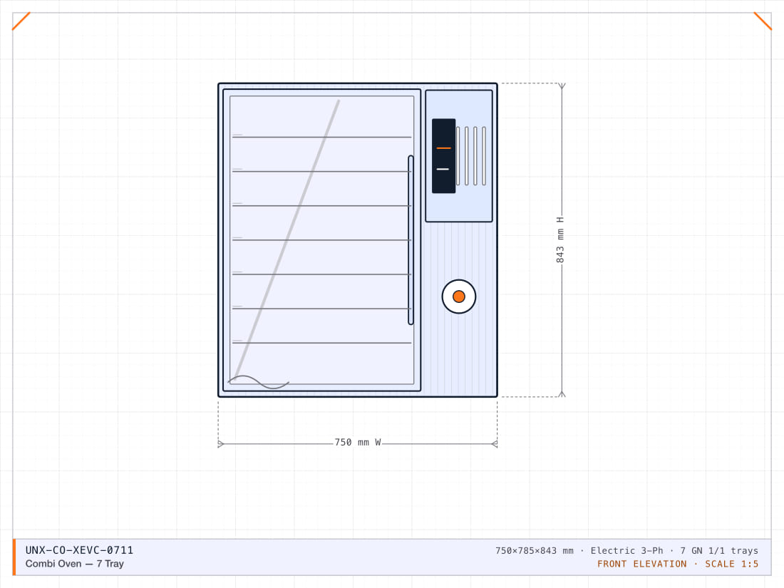 Seven-tray GN 1/1 combi oven with automatic humidity control and an integrated wash system.
